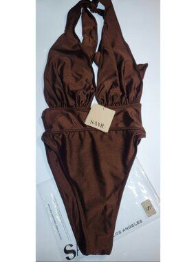 SAME Los Angeles One Piece Swimsuit Brown Halter High Cut Cheeky NWT Size S